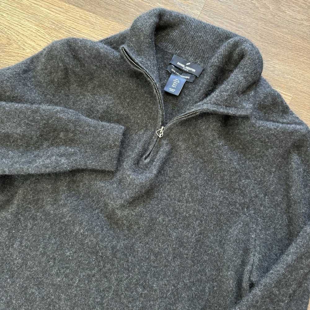 Daniel Hechter 100% 2 Ply Cashmere Grey 1/4 Zip Pullover Men's Sz L Preppy Casua